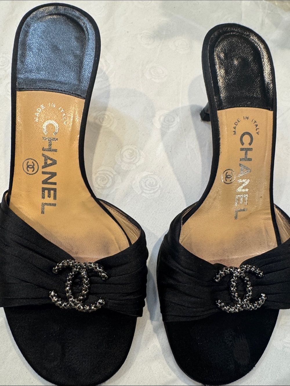 Authentic CHANEL Black Satin Crystal CC Logo Mule Heels - Picture 8 of 9